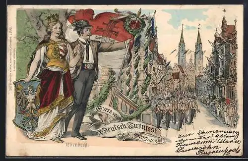 Lithographie Nürnberg, X. Deutsches Turnfest 1903, Parade der Athleten in der Innenstadt, Fahnenträger und Göttin