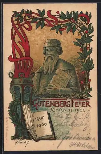 Künstler-Lithographie Gutenberg-Feier 1900, Fackel und Skulptur mit Bibel