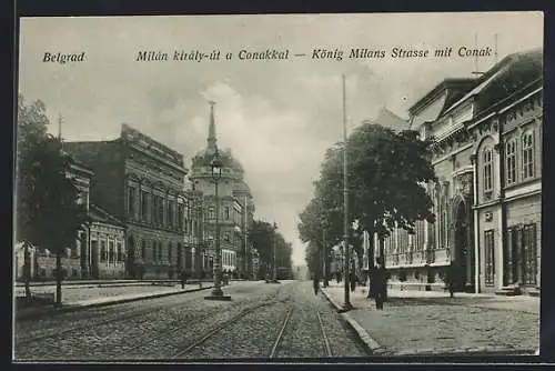 AK Belgrad, König Milans-Strasse mit Konak