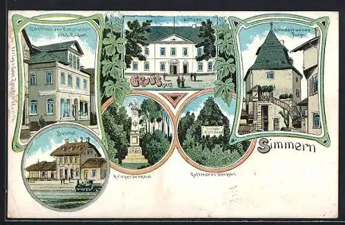 Lithographie Simmern / Hunsrück, Gasthaus zum Hunsrücken v. L. Raquet, Schloss, Schinderhannes Turm, Bahnhof