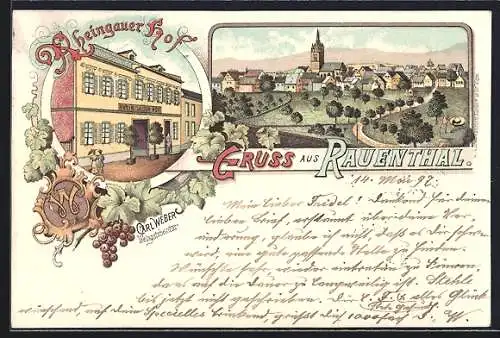 Lithographie Rauenthal, Gasthaus Rheingauer Hof v. Carl Weber, Ortsansicht