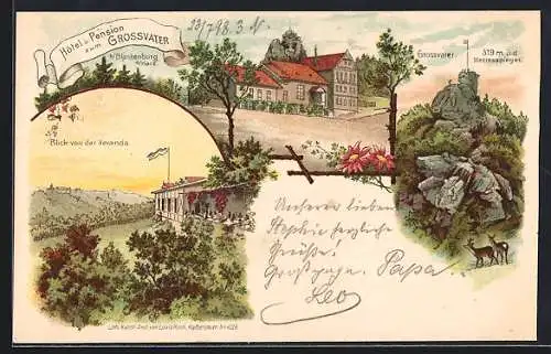 Lithographie Blankenburg a. Harz, Hotel-Pension zum Grossvater, Grossvater-Felsen, Blick von der Veranda