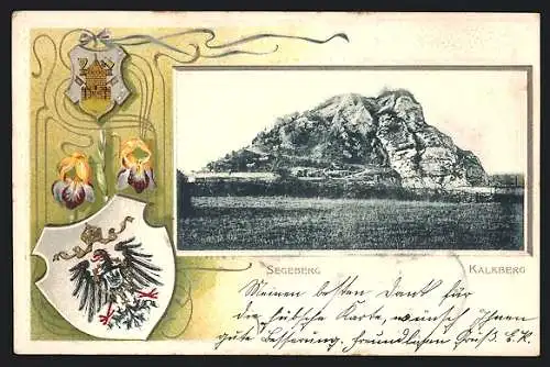 Passepartout-Lithographie Segeberg, Blick auf den Kalkberg, Wappen und Schwertlilie