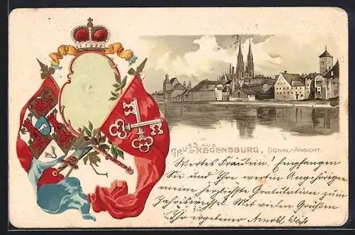 Passepartout-Lithographie Regensburg, Blick von der Donau auf die Stadt, Relief und Wappen