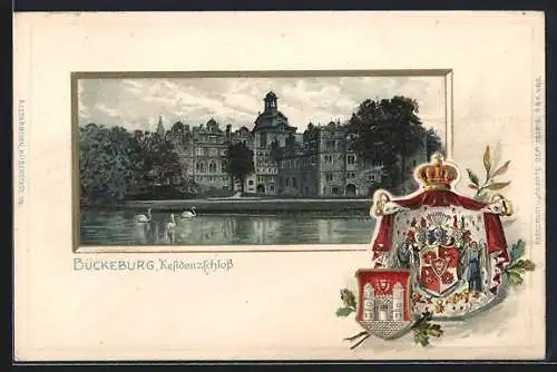 Passepartout-Lithographie Bückeburg, Residenzschloss, mit Wappen