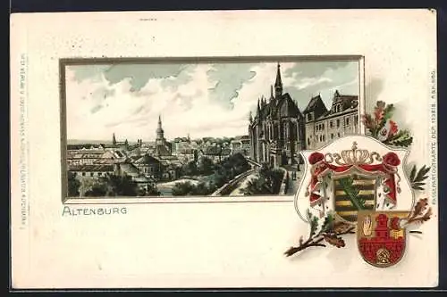 Passepartout-Lithographie Altenburg, Teilansicht mit Kirche, Wappen