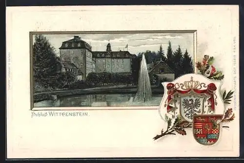 Passepartout-Lithographie Bad Laasphe, Ansicht von Schloss Wittenstein, Wappen