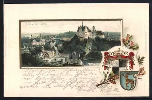 Passepartout-Lithographie Sigmaringen, Ortsansicht aus der Vogelschau mit Wappen