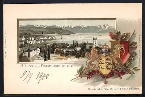 Passepartout-Lithographie Friedrichshafen, Stadtpartie am See, Wappen der Stadt