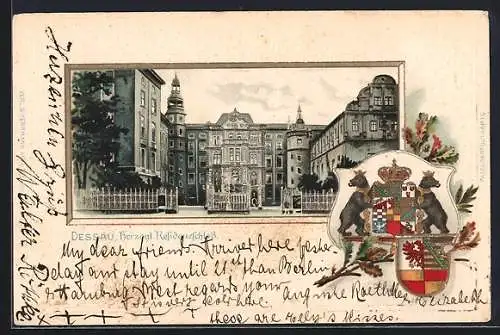 Passepartout-Lithographie Dessau, Herzogl. Residenzschloss, Wappen