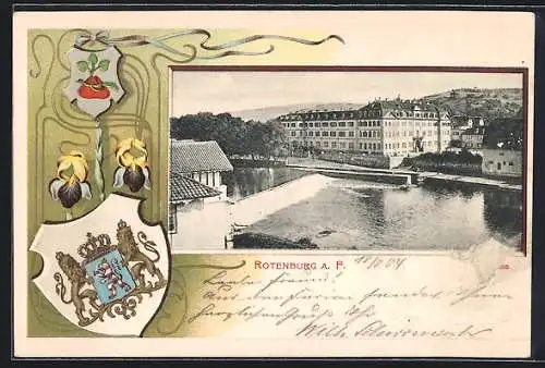 Passepartout-Lithographie Rotenburg / F., Partie am Wehr mit Blick zum Schloss, Wappen