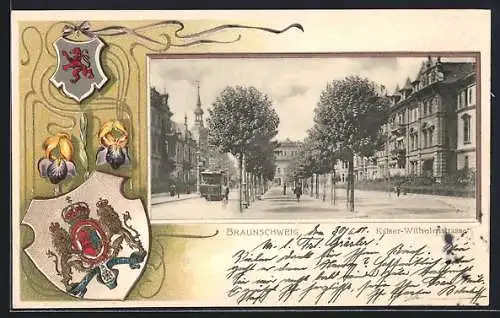 Passepartout-Lithographie Braunschweig, Kaiser-Wilhelmstrasse, Wappen und Schwertlilie