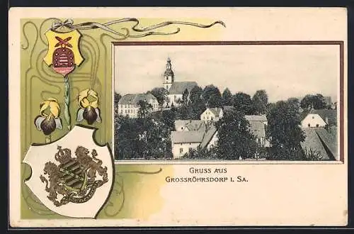 Passepartout-Lithographie Grossröhrsdorf i. S., Ortsansicht aus der Vogelschau und geprägtes Stadtwappen