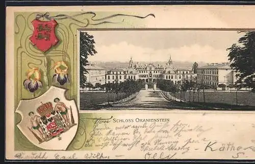 Passepartout-Lithographie Oranienstein, Partie am Schloss, Wappen