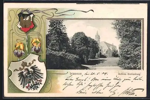 Passepartout-Lithographie Itzehoe, Schloss Breitenburg, Wappen und Schwertlilie