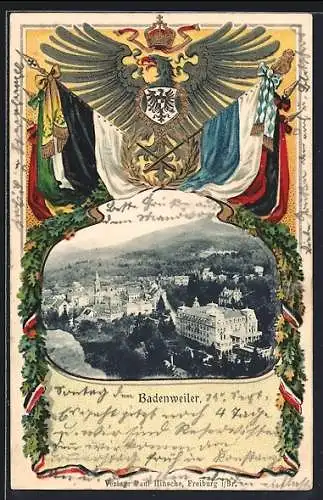 Passepartout-Lithographie Badenweiler, Ortsansicht aus der Vogelschau, Wappen