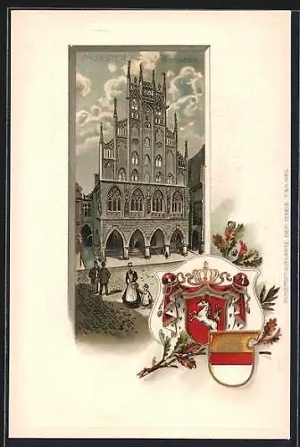 Passepartout-Lithographie Münster i. W., Darstellung vom Rathaus, Wappen