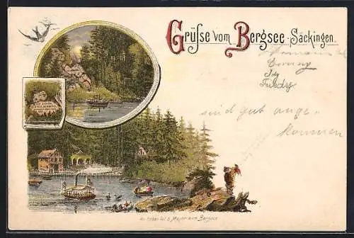 Lithographie Bad Säckingen, Bergsee mit Gasthof, Gedenkstein für den Dichter Scheffel, Bootspartie