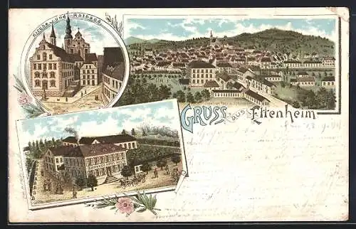 Lithographie Ettenheim, Kirche und Rathaus, Cigarren-Fabrik Schindlor