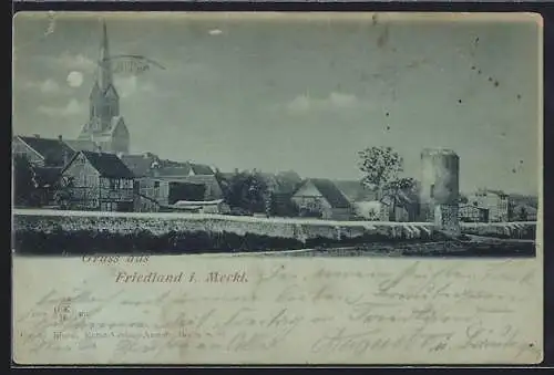 Mondschein-AK Friedland i. Meckl., Teilansicht mit Kirchturm