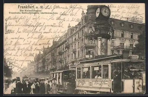 AK Frankfurt a. M., Kaiserstrasse, Strassenbahn Haltestelle am Uhrtürmchen