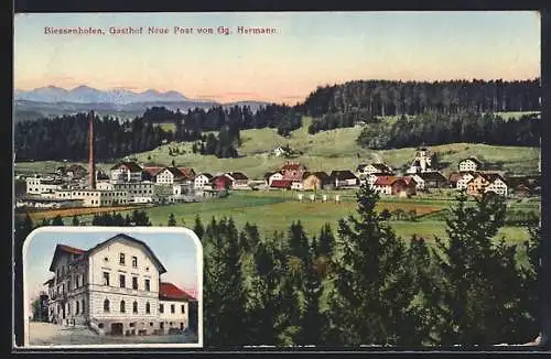 AK Biessenhofen, Gasthof Neue Post von Gg. Hermann, Ortsansicht aus der Vogelschau