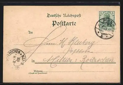Lithographie Pirna, Kaiserliches Postamt, Kriegerdenkmal, Marktplatz, Blumen