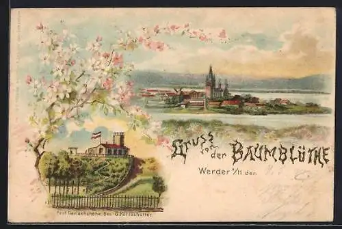 Lithographie Werder a / H., Restaurant Gerlachshöhe, Teilansicht mit Windmühle