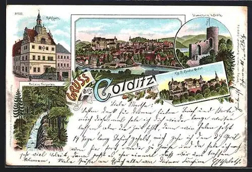 Lithographie Colditz, Kgl. S. Landes-Anstalt, Rathhaus, Ortsansicht