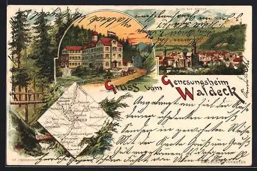 Lithographie Nagold, Genesungsheim Waldeck, Landkarte der Region um den Ort