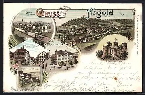 Lithographie Nagold, Rathaus mit Gasthof zum Hirsch, Präparanden-Anstalt