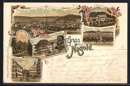 Lithographie Nagold, Gasthaus zum Rössle in der Marktstrasse, Postplatz, Gesamtansicht der Ortschaft