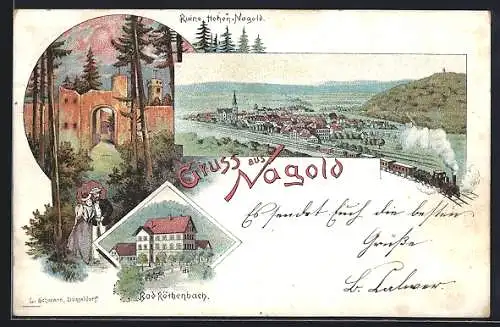 Vorläufer-Lithographie Nagold, 1895, Gasthof Bad Röthenbach, Ruine Hohen-Nagold