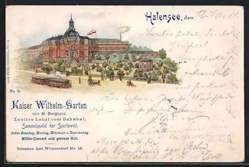 Lithographie Berlin-Halensee, Cafe Kaiser Wilhelm-Garten v. M. Burghard