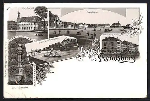 Lithographie Rendsburg, Kais. Postamt, Lernsen-Denkmal, Brücke beim Schützenhof, Paradeplatz, Infanterie Kaserne