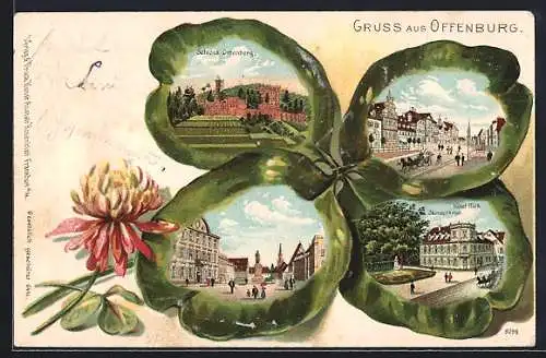 Passepartout-Lithographie Offenburg, Hotel Ries, Okendenkmal, Schloss Ortenberg, Strassenpartieen