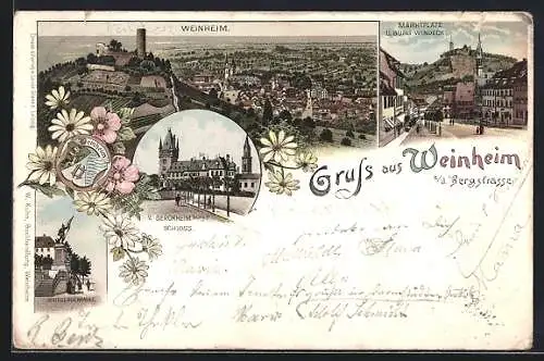 Lithographie Weinheim / Bergstrasse, Gesamtansicht mit Burg, Marktplatz mit Burg Vindeck