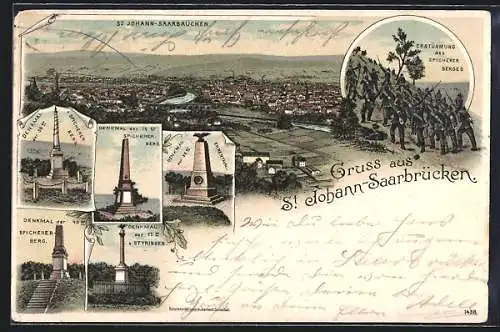 Lithographie St. Johann / Saarbrücken, Erstürmung d. Spicherer Berges, Denkmal der 74er, Totalansicht