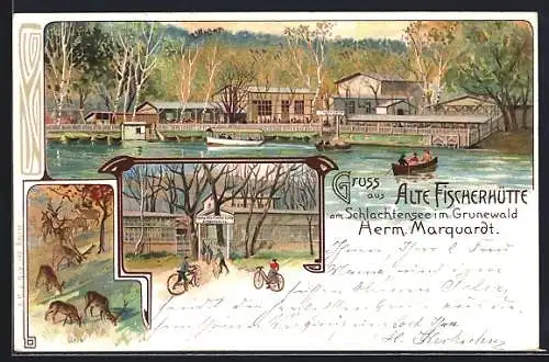 Lithographie Berlin-Grunewald, Gasthaus Alte Fischerhütte am Schlachtensee, Eingang mit Radfahrern, Rehe und Hirsche