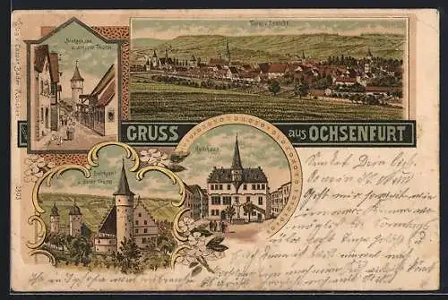 Lithographie Ochsenfurt a. M., Bezirksamt, Bocksgasse und weisser Thurm, Rathaus