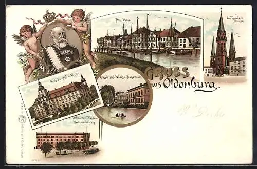 Lithographie Oldenburg / O., Grossherzogl. Schloss, Infanterie-Kaserne am Pferdemarktplatz, Grossherzog von Oldenburg