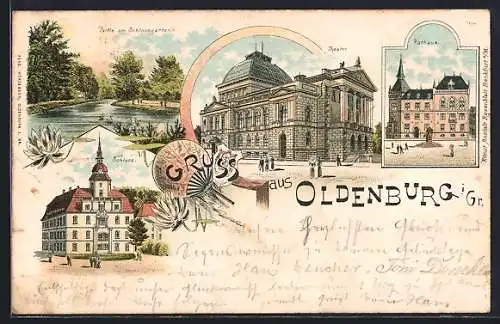 Lithographie Oldenburg i. Gr., Theater, Schloss, Partie am Schlossgarten