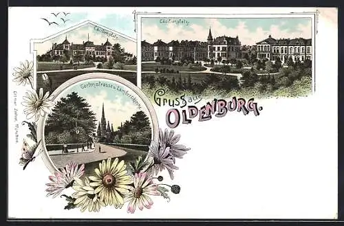 Lithographie Oldenburg / O., Cäcilienplatz, Gartenstrasse u. Lambertikirche, Schmetterling