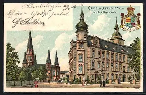 Lithographie Oldenburg i. Gr., Grossherzog. Schloss & Kirche