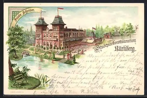 Lithographie Nürnberg, Blick zur Stadtparkrestauration