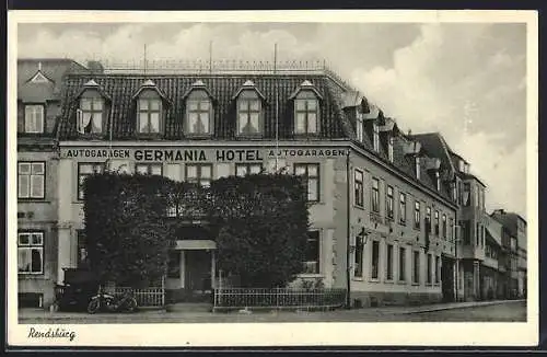 AK Rendsburg, Germania-Hotel mit Strasse