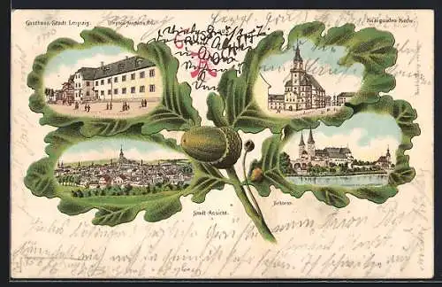 Passepartout-Lithographie Rochlitz, Gasthaus Stadt Leipzig, Schloss, Kunigunden-Kirche, Eichenblatt, Um 1900