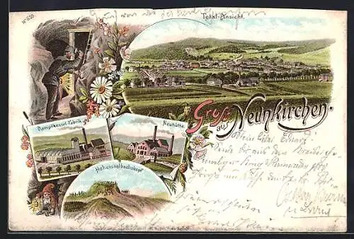 Lithographie Neunkirchen / Siegerland, Dampfkessel-Fabrik, Neuhütte, Hohenseelbachskopf, Bergmann unter Tage