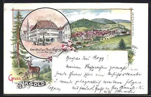 Lithographie Nagold, Gasthof zur Post v. Paul Luz, Ortsansicht