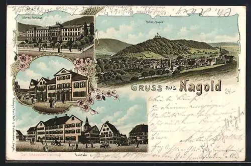 Lithographie Nagold, Strassenpartie mit Haus Gottlob Schmid, Vorstadt mit Gasthof zum Rössle E. Knodel, Ortsansicht